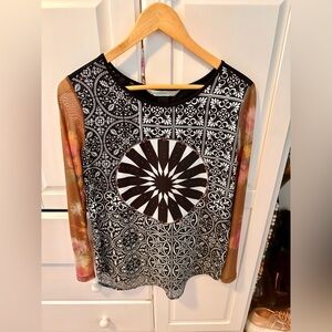 Desigual Long Sleeve Mesh Colorful Paisley Beaded Blouse